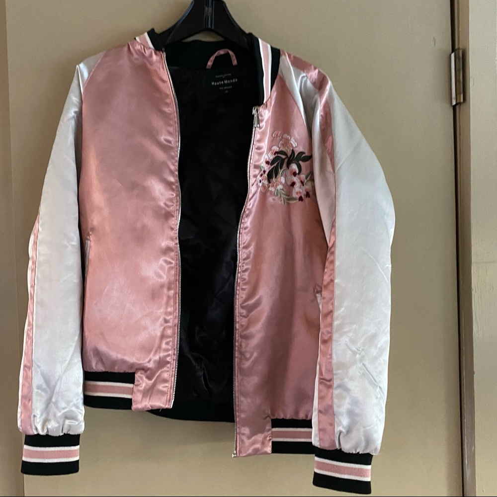 Haute Monde pink varsity jacket with embroidered design